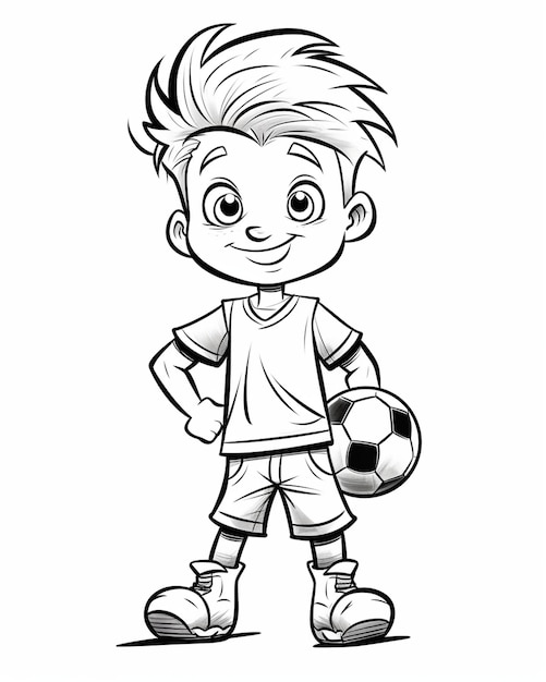 A cartoon boy is playing soccer with a ball