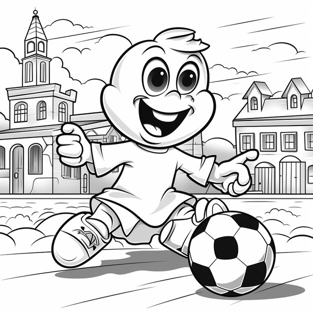 A cartoon boy is playing soccer with a ball