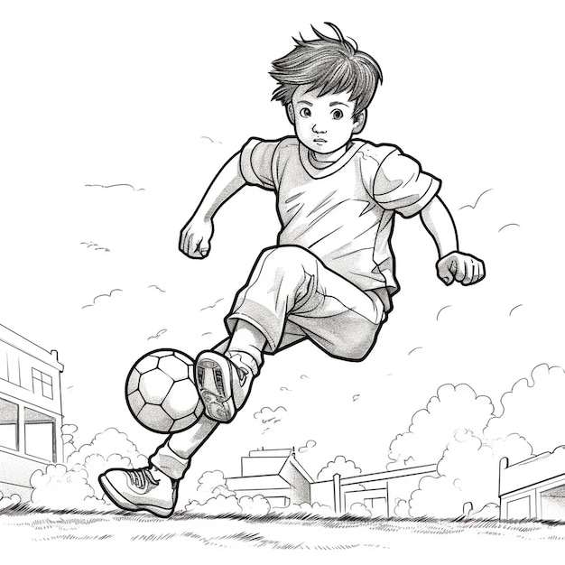 Photo a cartoon boy is playing soccer with a ball