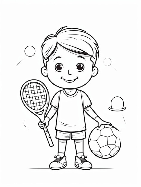 A cartoon boy is playing soccer with a ball