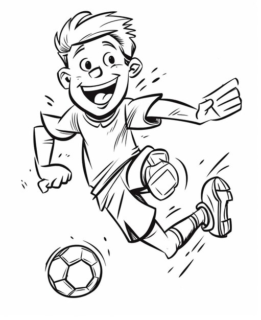 A cartoon boy is playing soccer with a ball