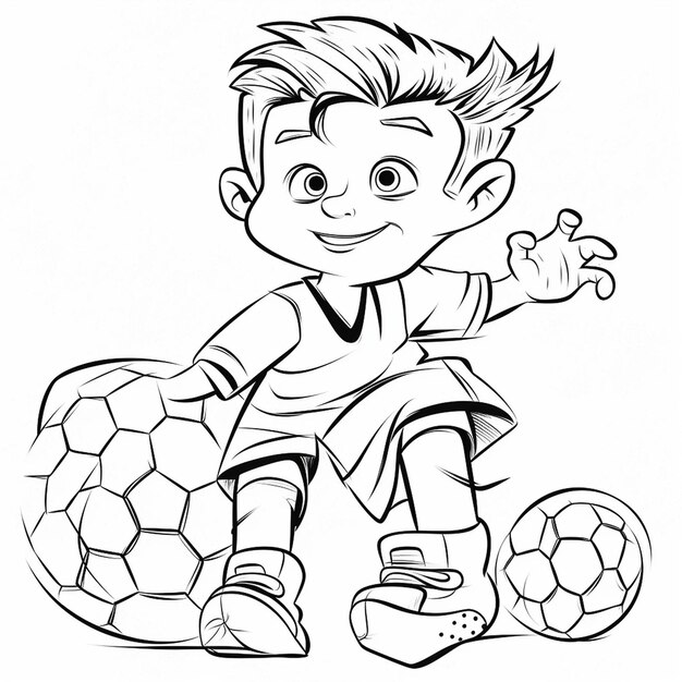 Photo a cartoon boy is playing soccer with a ball