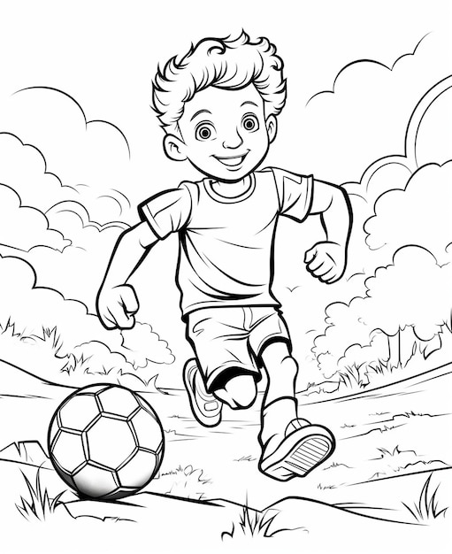 Photo a cartoon boy is playing soccer with a ball