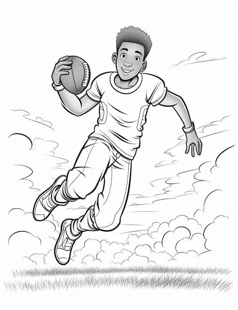 A cartoon boy is playing soccer with a ball