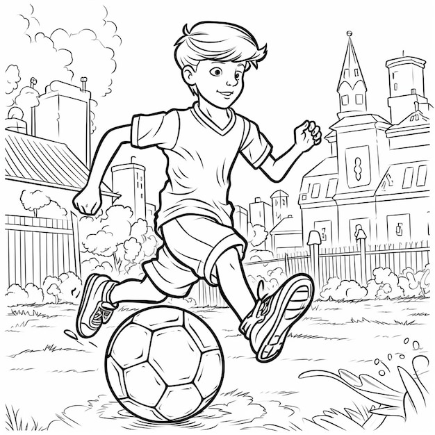 Photo a cartoon boy is playing soccer with a ball
