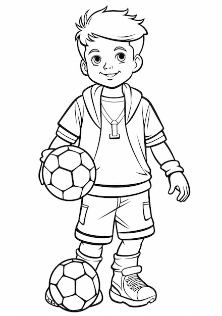 A cartoon boy is playing soccer with a ball