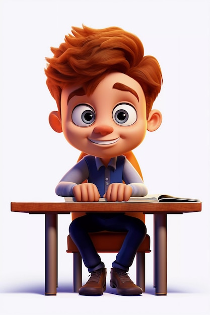 Cartoon boy is sitting at a school desk