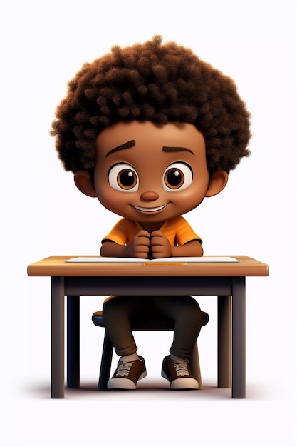 Cartoon boy is sitting at a school desk