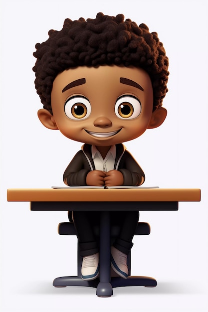 Cartoon boy is sitting at a school desk