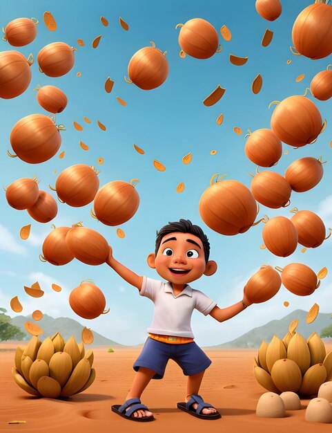 A cartoon boy is throwing onion in the air