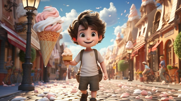 A cartoon boy is walking down the street with a cone of ice cream