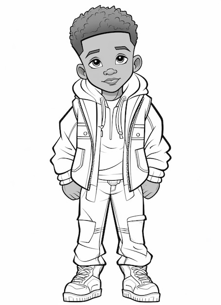 A cartoon boy in a jacket and pants standing with his hands in his pockets generative ai