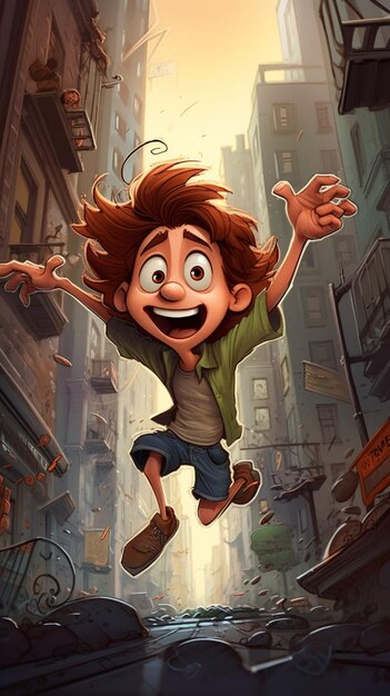 A cartoon of a boy jumping in the middle of a city.