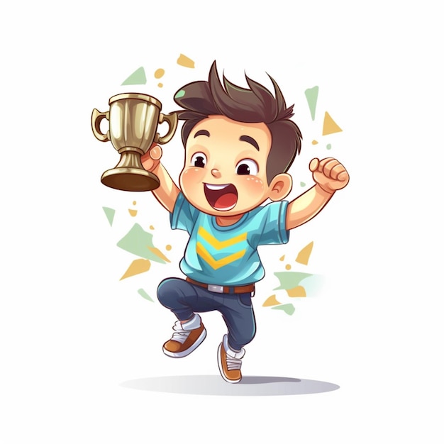 Cartoon boy jumping with a trophy in his hand generative ai