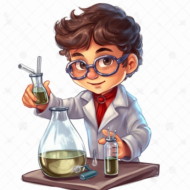 Cartoon boy in lab coat holding a beaker and a flask generative ai