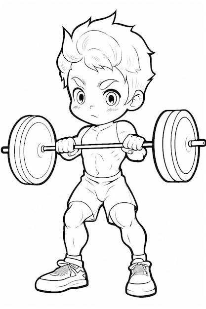 Photo a cartoon boy lifting a barbell with a big smile generative ai