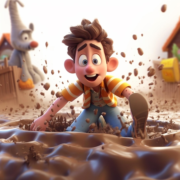 Photo cartoon boy in mud with a shovel and a house in the background generative ai