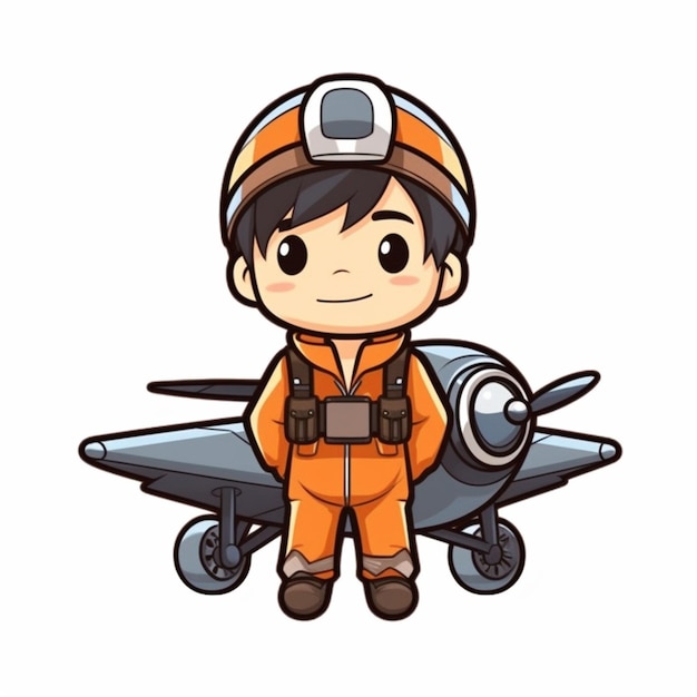 a cartoon boy in an orange pilot suit sitting on a small plane generative ai