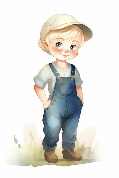 cartoon boy in overalls and hat standing in grass with hands on hips generative ai