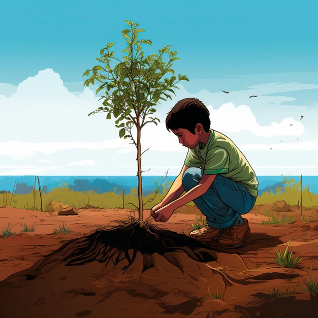 Photo a cartoon boy planting a tree