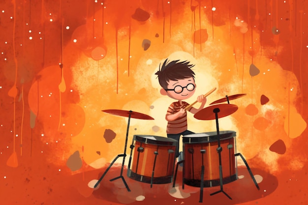 A cartoon of a boy playing drums