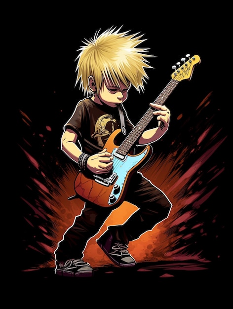 A cartoon of a boy playing a guitar with a black shirt