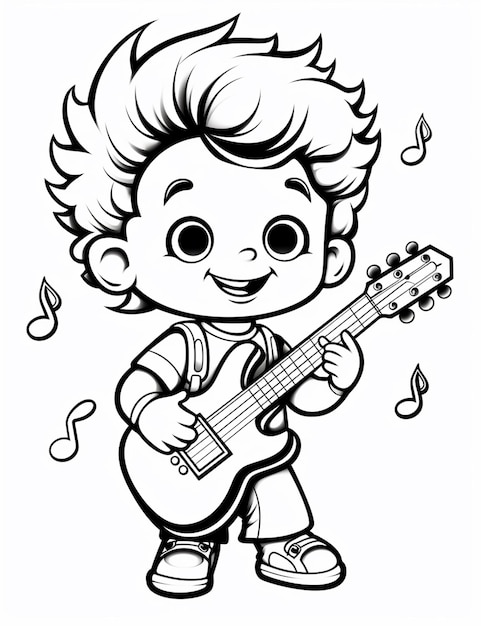a cartoon boy playing guitar with music notes around him generative ai