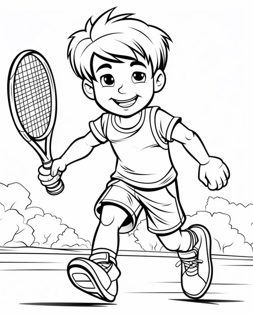 Photo a cartoon boy playing tennis on a court with a racket generative ai