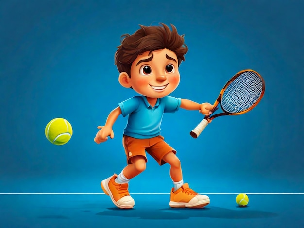 Мальчик из мультфильмов играет в теннис, изолированный на синем фоне.