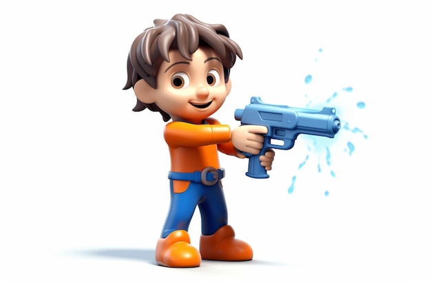 Cartoon of boy playing with water gun 3d character white background