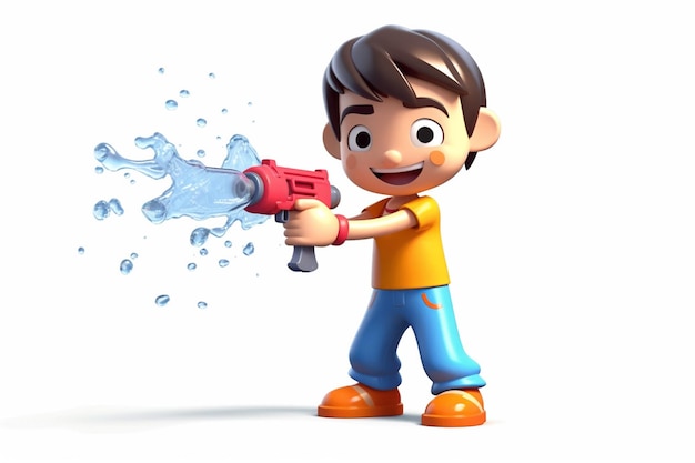 Cartoon of boy playing with water gun 3d character white background