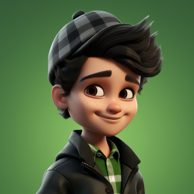 Cartoon Boy Portrait With Black Hair And Plaid Shirt