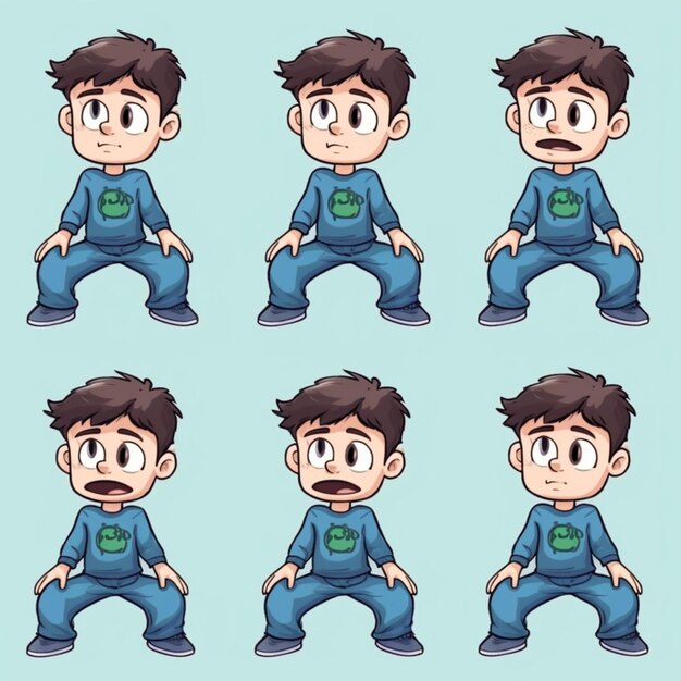 Photo cartoon boy poses with different expressions generative ai