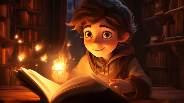 Photo a cartoon boy reading a book in a library with a wooden lamp