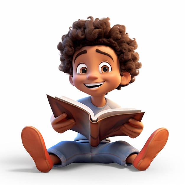 cartoon boy reading a book while sitting on the floor generative ai