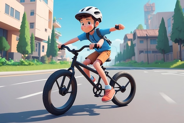 Photo cartoon boy riding a bicycle with a helmet on generative ai