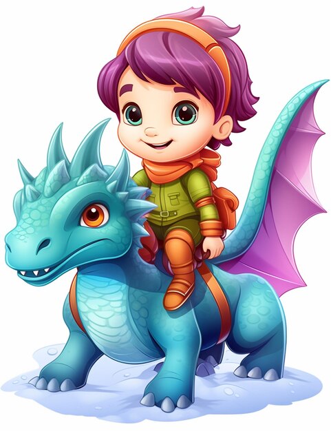 Photo cartoon boy riding a dragon generative ai