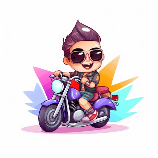 Photo cartoon boy riding a motorcycle with sunglasses on generative ai