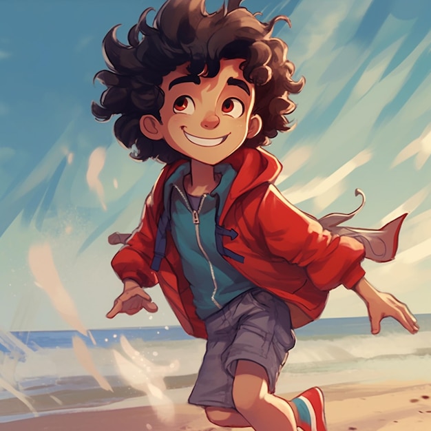 Cartoon boy running on the beach with a red jacket and blue shirt generative ai