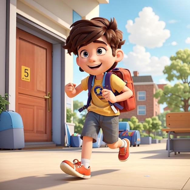 Photo cartoon boy running and carrying a school supplies to class