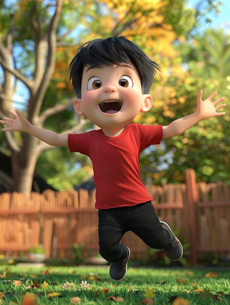 Photo cartoon boy running in the grass with his arms outstretched generative ai