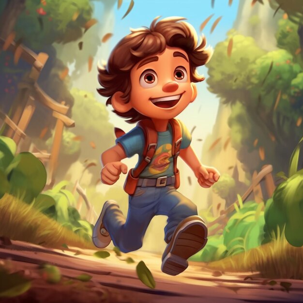 Мультяшный мальчик бежит по лесу с рюкзаком с генеративным искусственным интеллектом