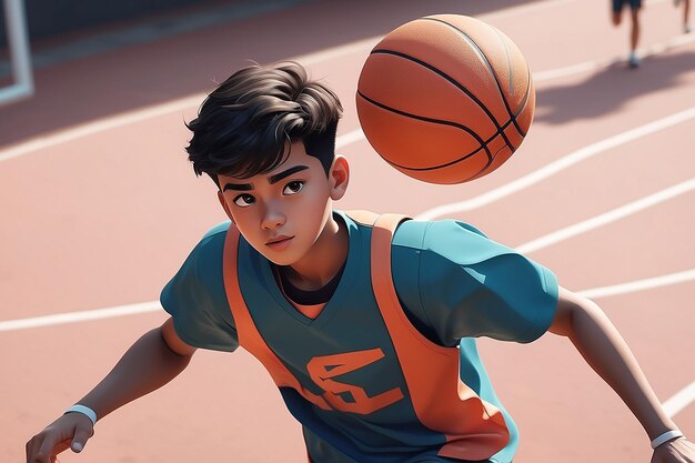 Cartoon boy running with a basketball ball in his hand generative ai