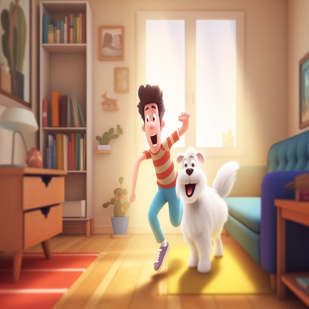 Cartoon boy running with a dog in a living room generative ai