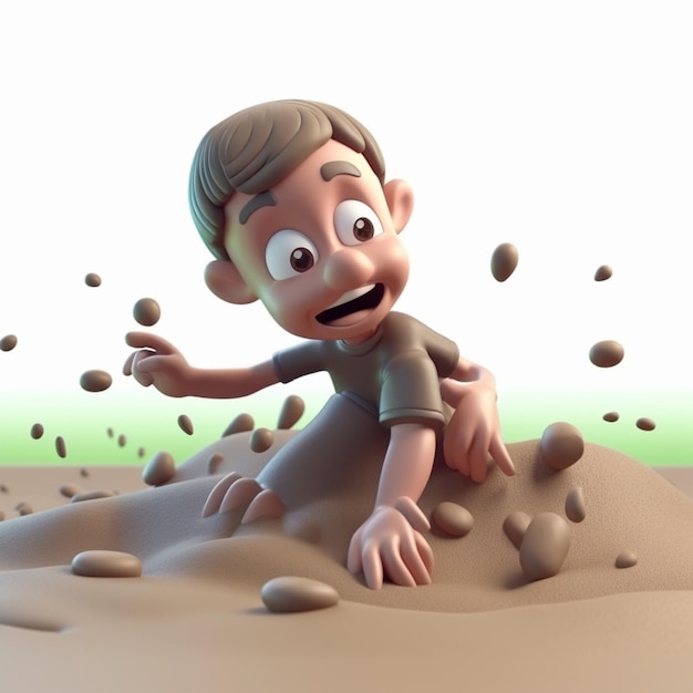 Cartoon boy in a sand pit with balls falling off his head generative ai