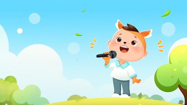 cartoon boy singing into a microphone in a field with trees generative ai