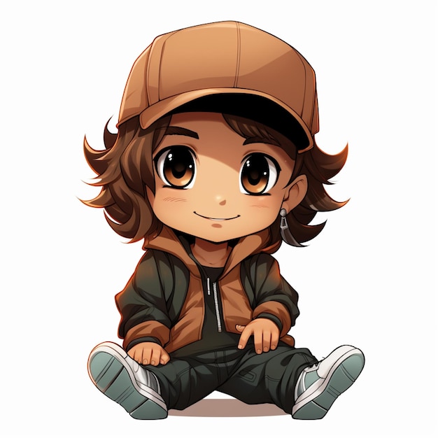 茶色の帽子をかぶって地面に座っているアニメの少年