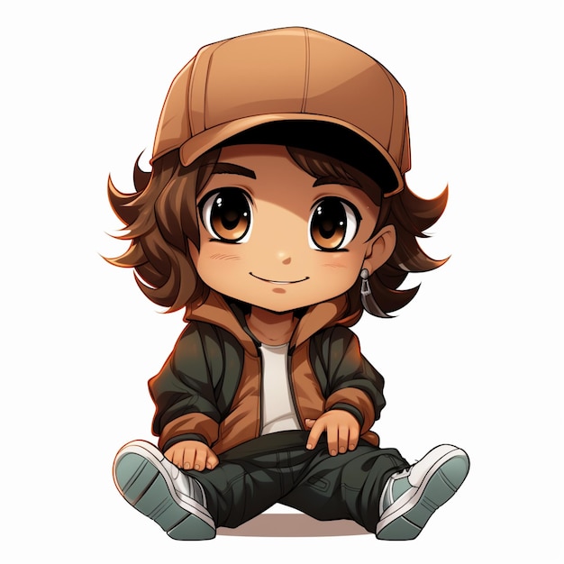 cartoon boy sitting on the ground wearing a cap and jacket generative ai