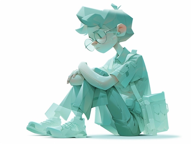 부서진 유리 조각으로 바닥에 앉아 있는 만화 소년