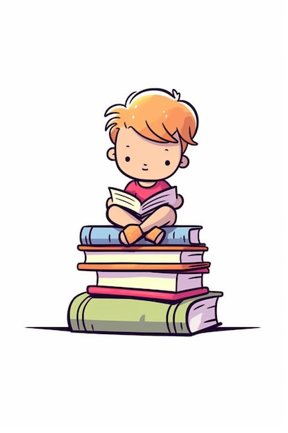 a cartoon boy sitting on a stack of books reading generative ai